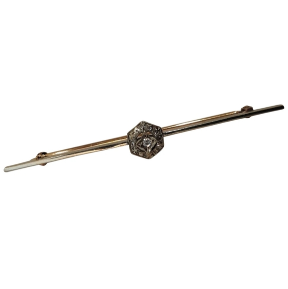 🇨🇦 Victorian 14K gold bar brooch with a diamond - Picture 2 of 12